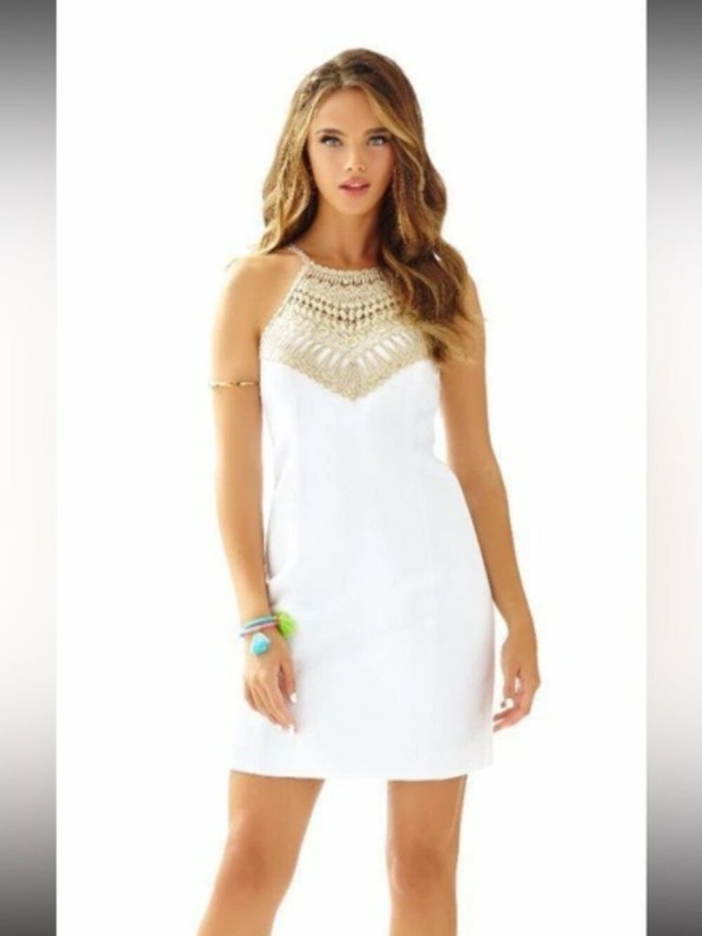 Lilly Pulitzer Pearl Resort White Gold Lace Neckline Shift Dress.  SZ 0